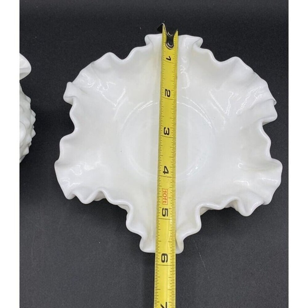 Fenton Milk Glass Hobnail Candy Bon Bon Dish Ruffled Bowl Vase Set Of 2 - Picture 11 of 12